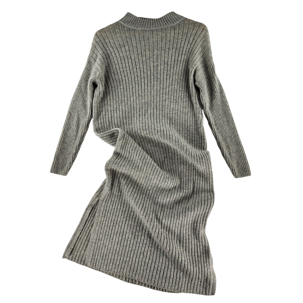 MUJI Sweater Dress Womens XS S Gray 100% Wool Ribbed Mock Neck Midi Knit